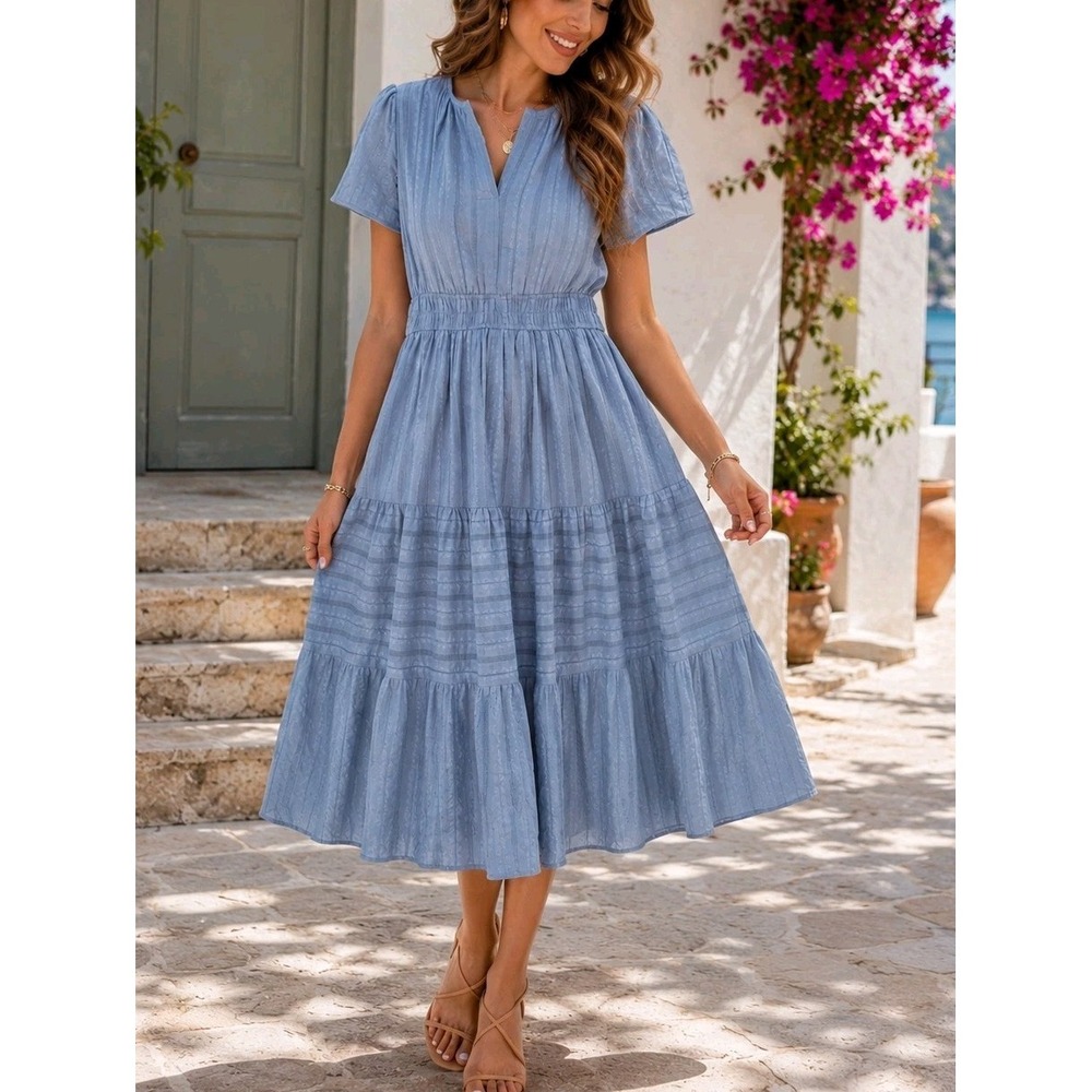 BTFBM Women's Light Blue Cotton Tiered Midi Dress Puff Sleeve Lined Size L NWT